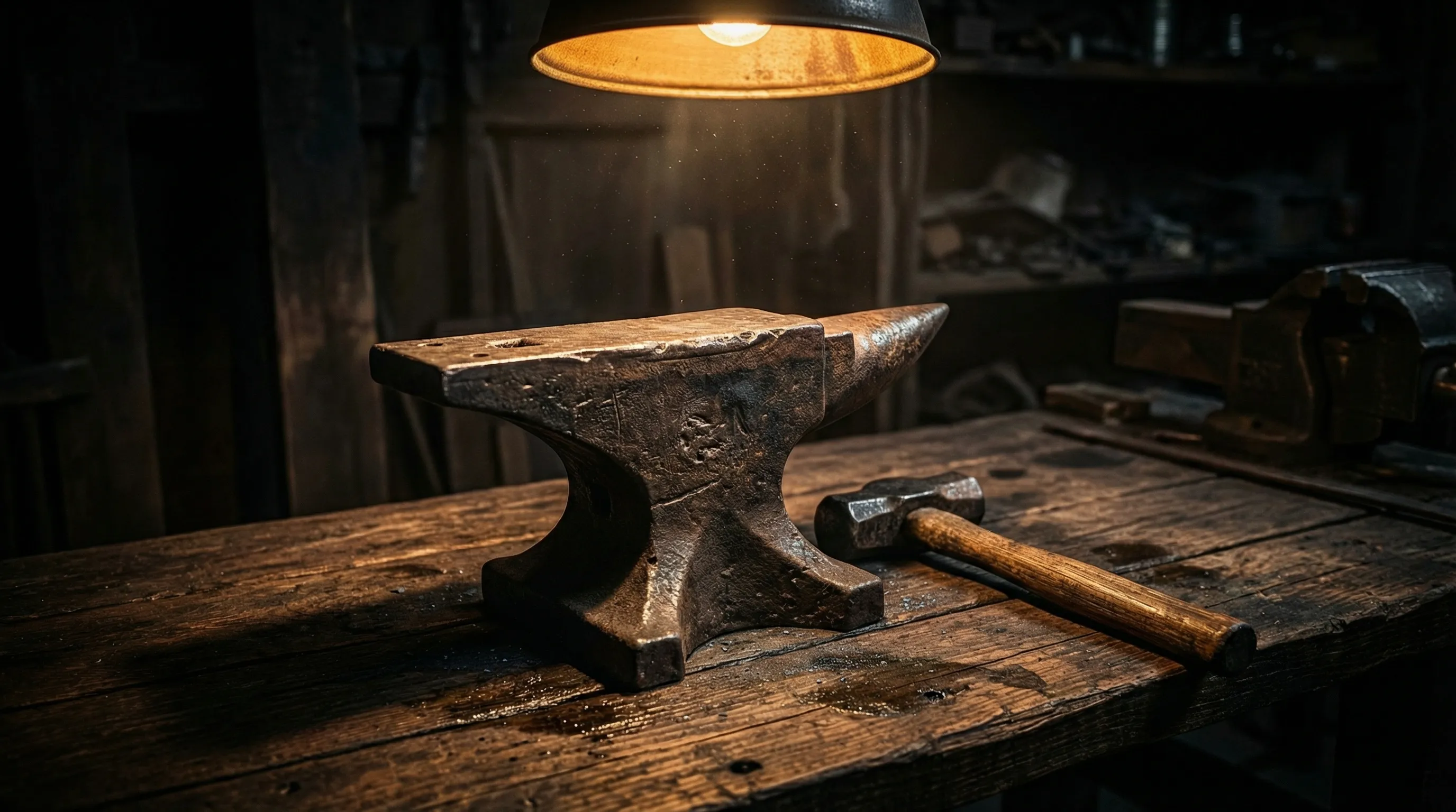 A weathered iron anvil and hammer on a worn wooden workbench, lit by a single warm overhead lamp in a dark workshop