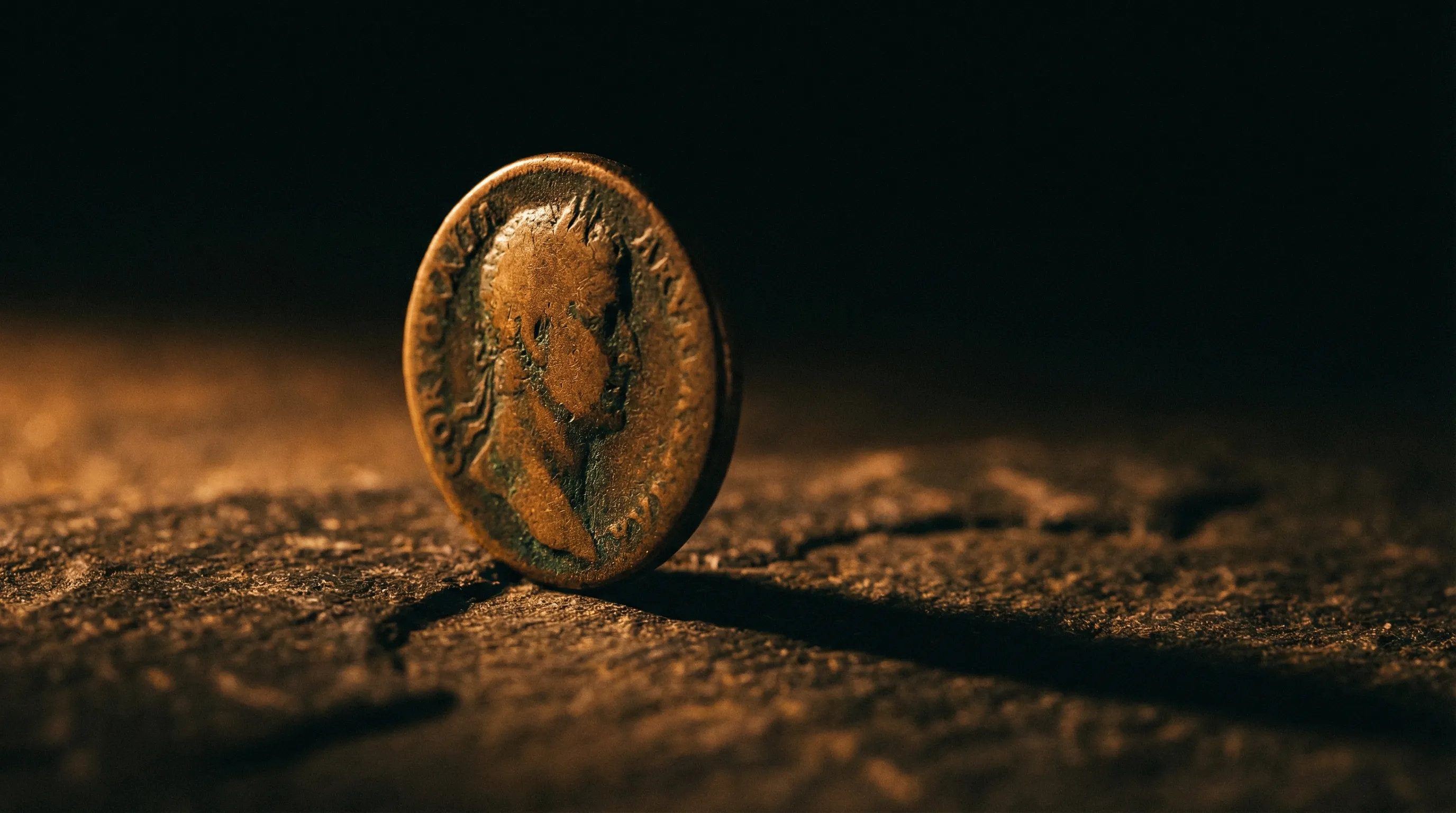 An ancient weathered bronze coin standing on its edge on dark cracked stone, warm amber side-lighting catching its patinated surface