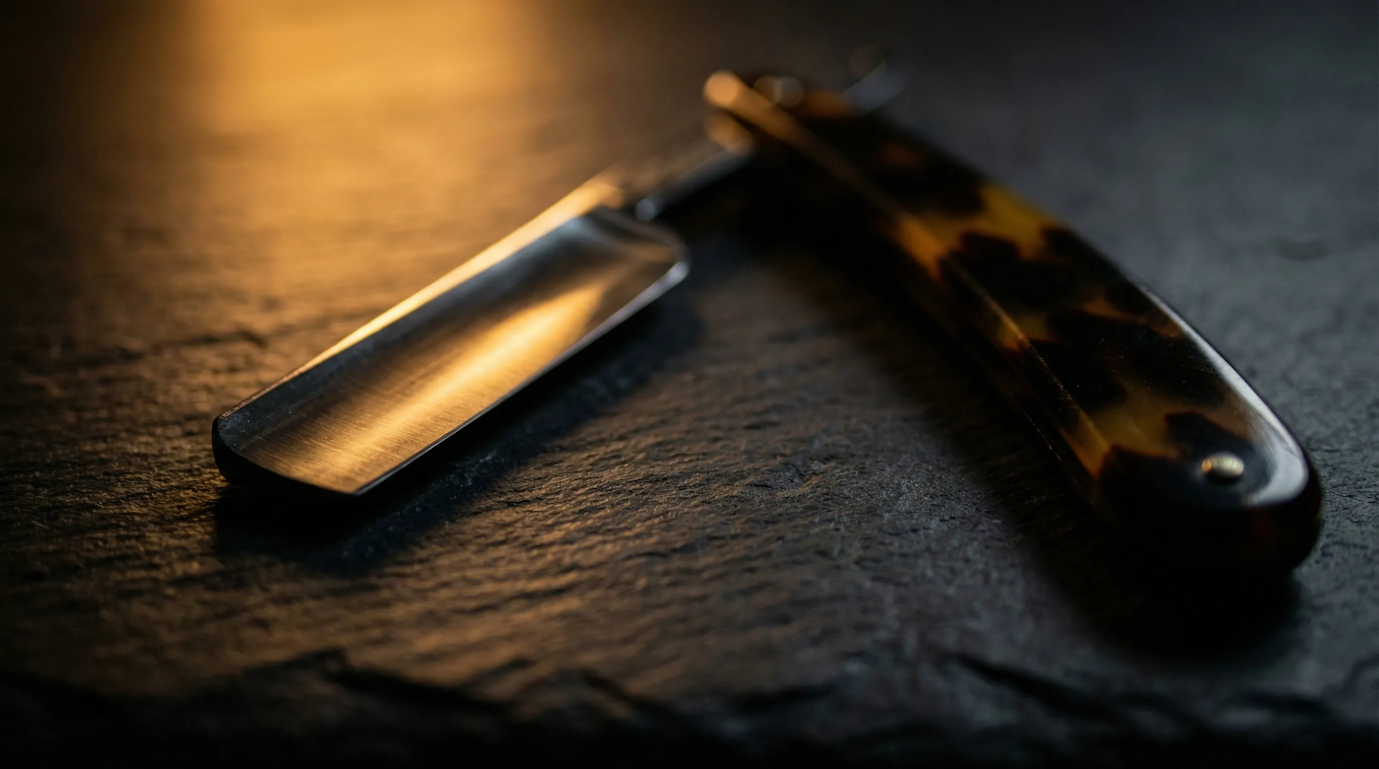A straight razor with a tortoiseshell handle resting on dark slate, its honed blade catching warm amber light