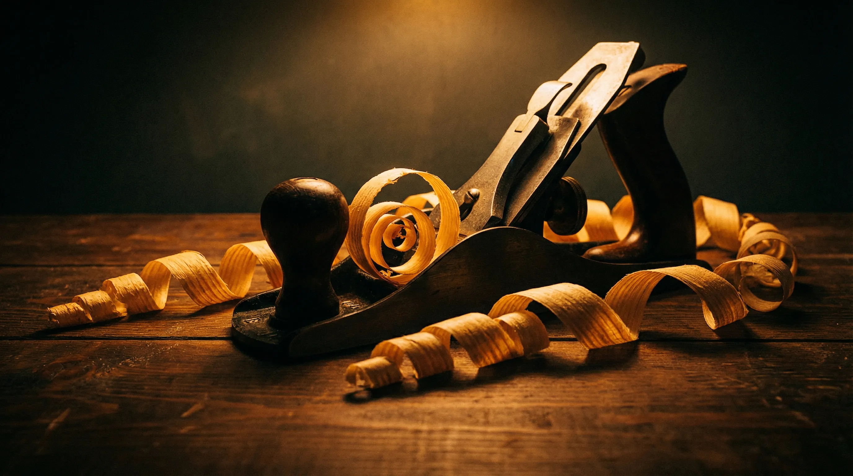 A vintage hand plane surrounded by golden curls of wood shavings on a dark wooden workbench, lit by warm amber light from above