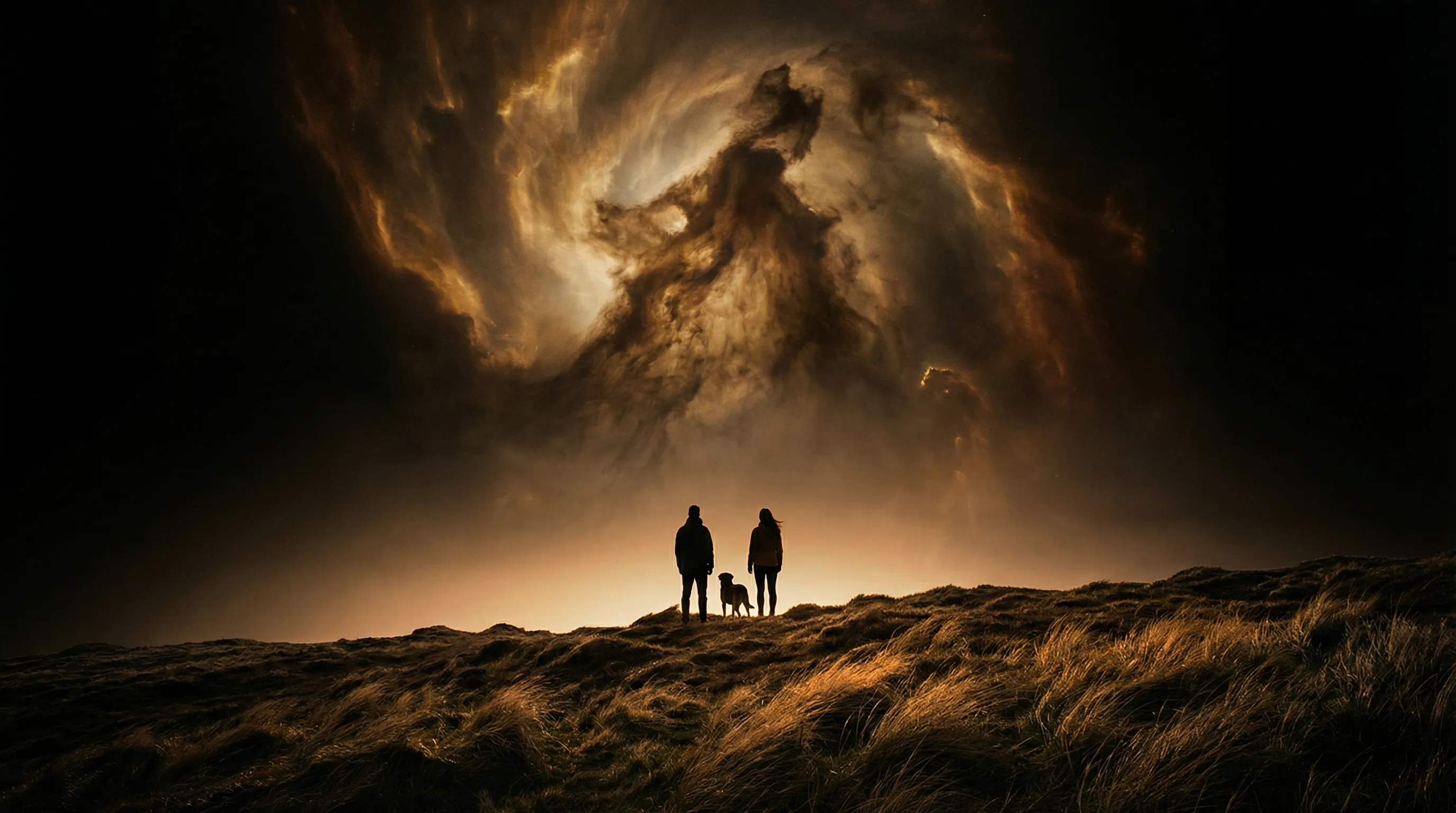 Two silhouetted figures and a dog standing on a windswept hilltop, gazing up at a dramatic swirling golden nebula in a dark sky
