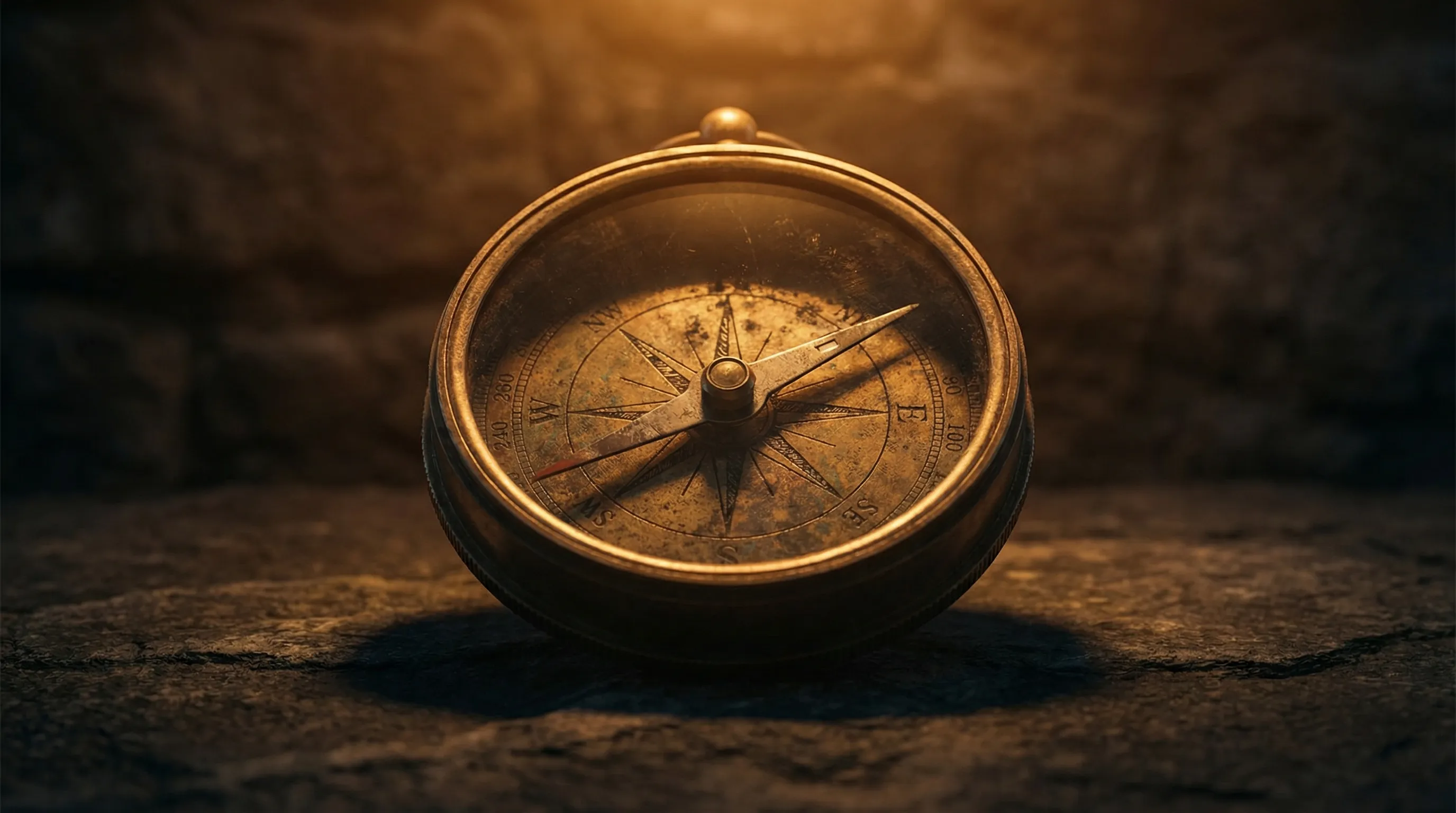 A weathered brass compass with a patinated face resting on dark stone, its needle catching warm amber light from above