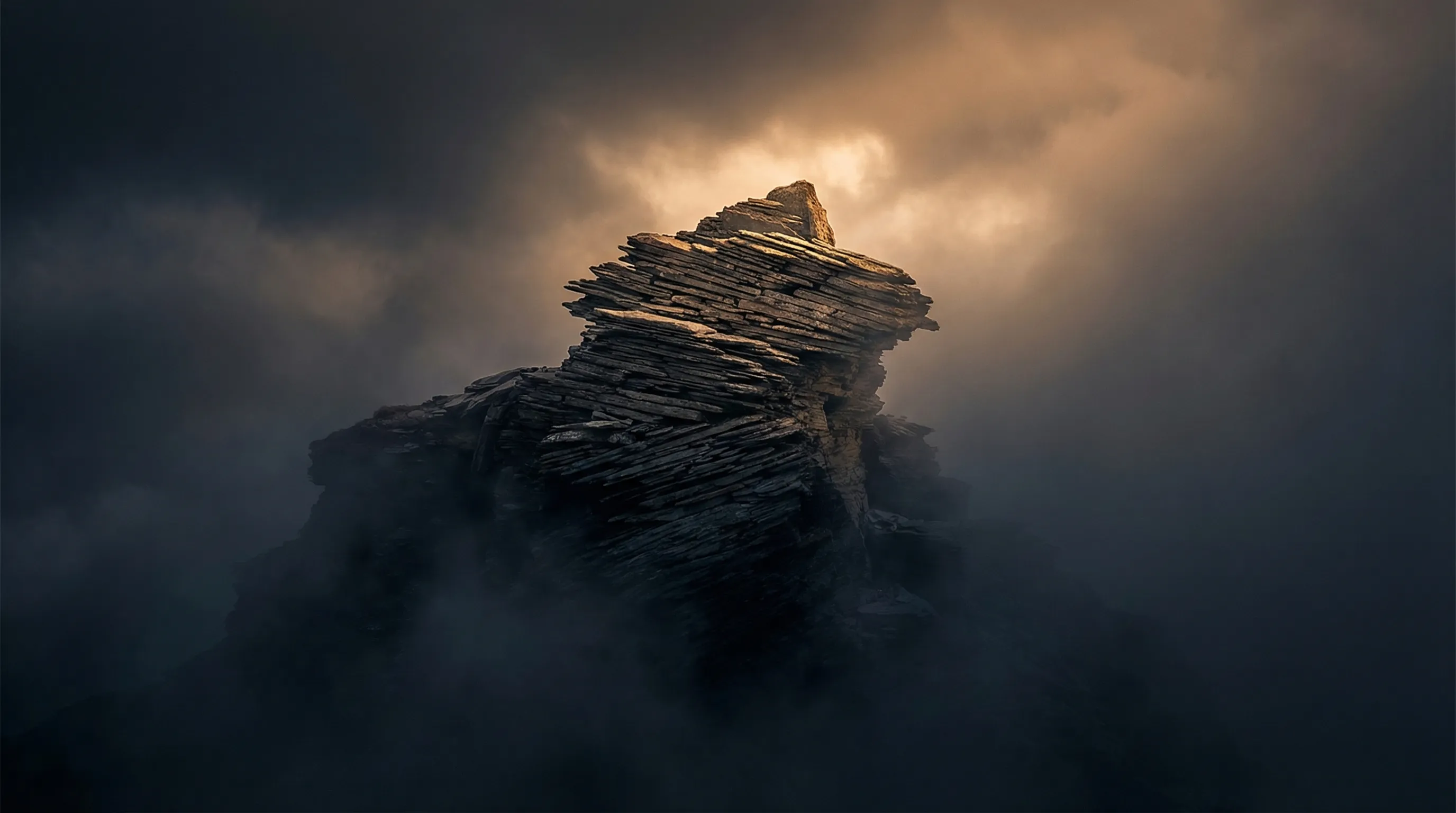 A jagged mountain peak of layered stacked stone slabs rising from dark mist, warm amber light breaking through clouds and catching the summit