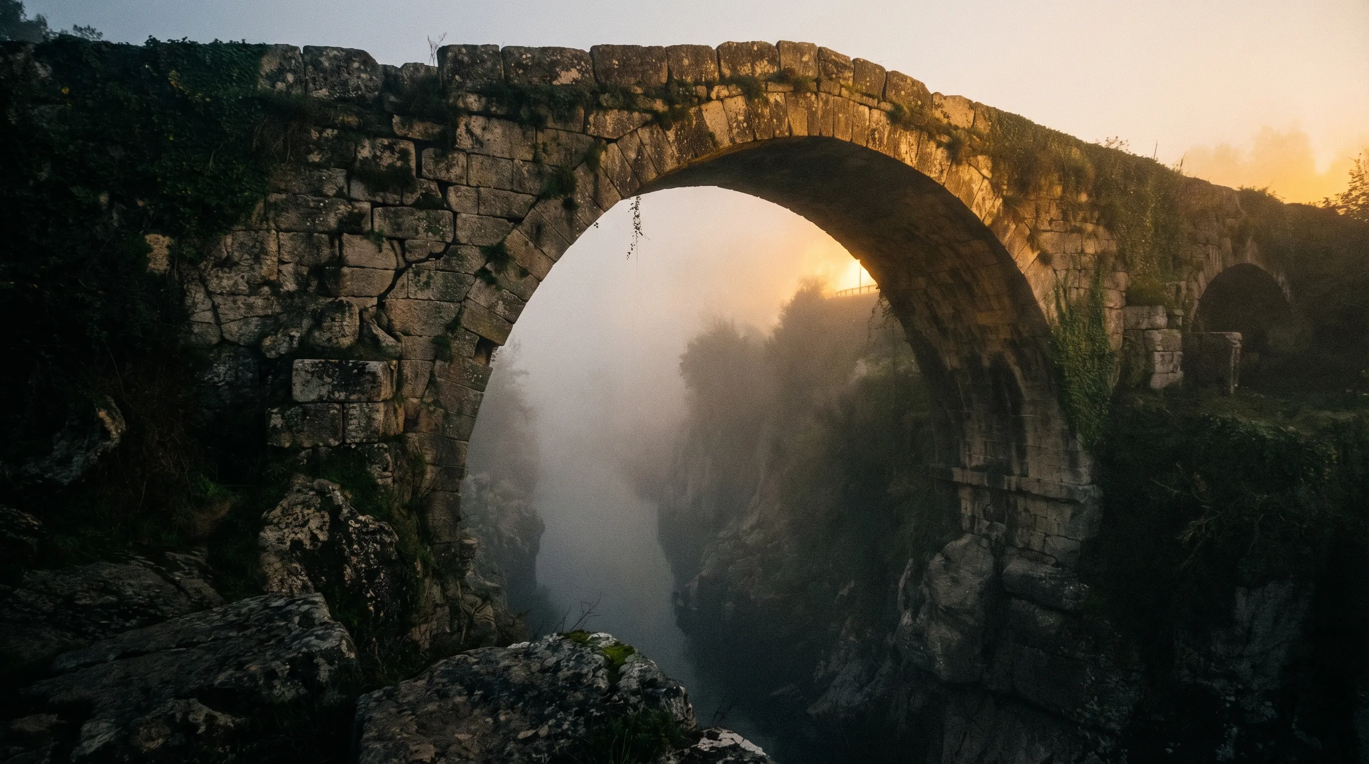 An ancient weathered stone arch bridge spanning a deep dark gorge, warm amber light pouring from the far side through drifting mist, the bridge's worn masonry catching the glow mid-span