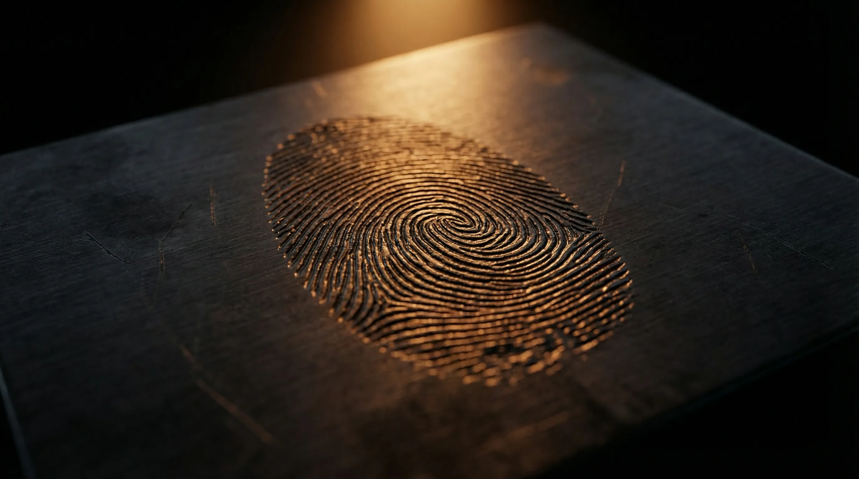 A human fingerprint pressed into dark brushed steel, its ridges catching warm amber light against the cold metal surface