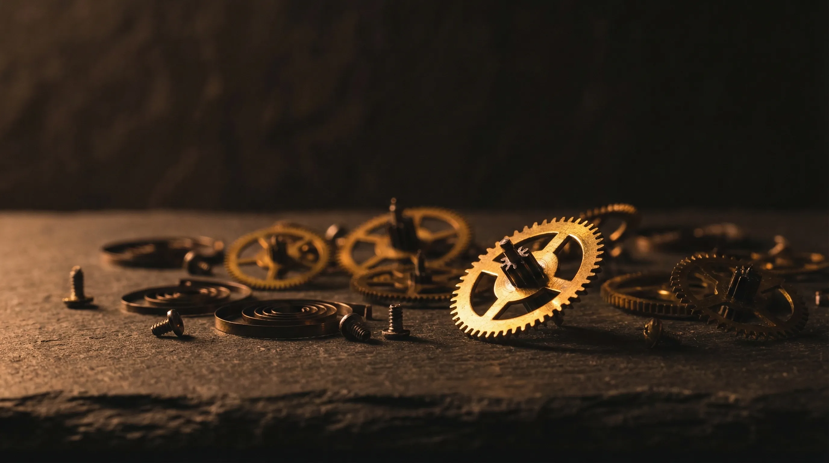 Scattered brass clockwork gears, tiny springs, and miniature screws on dark slate, one gear catching warm amber light