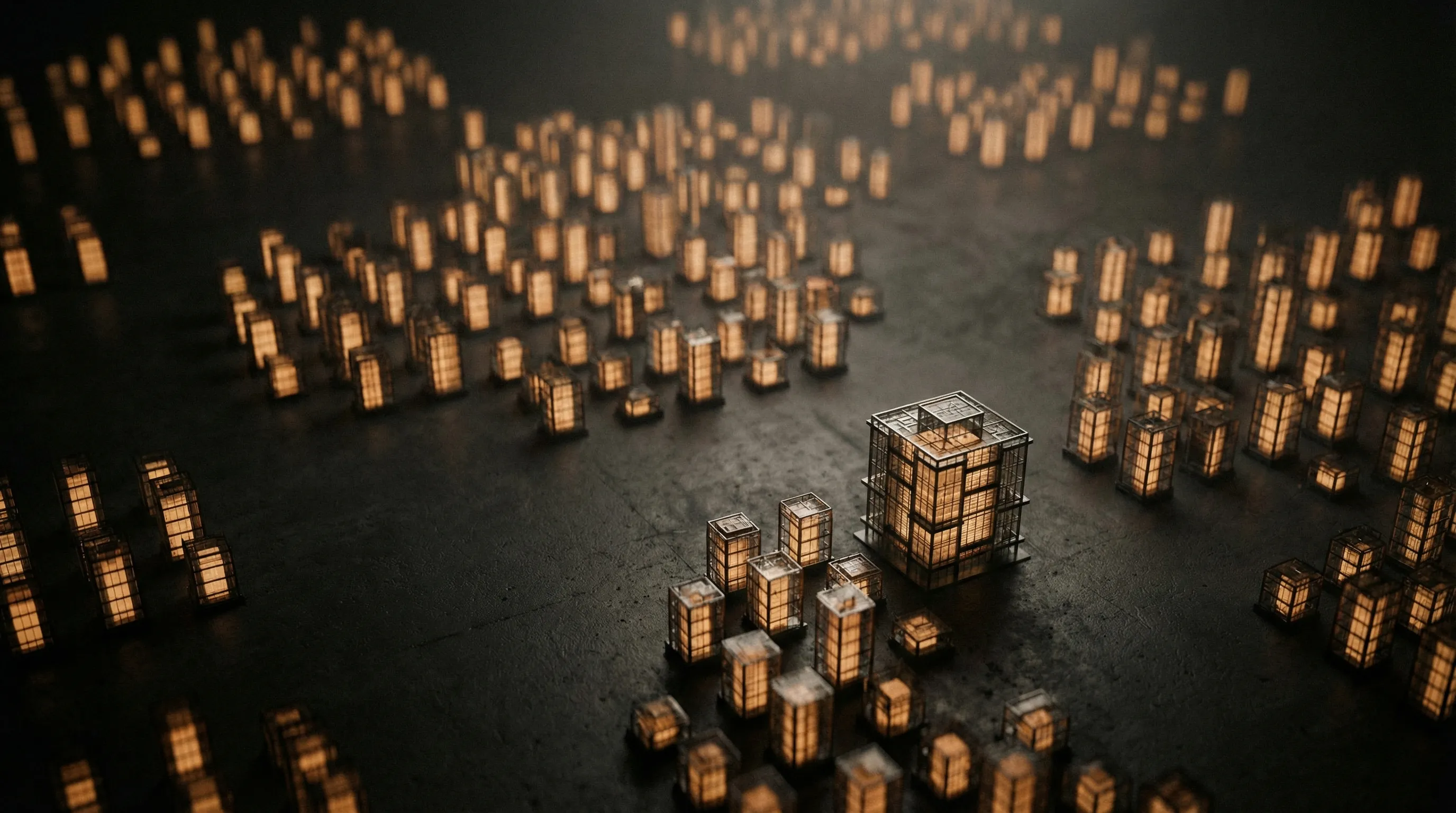 Hundreds of tiny glowing lantern-like structures scattered across a dark surface, each one illuminated from within like miniature buildings in a sprawling city