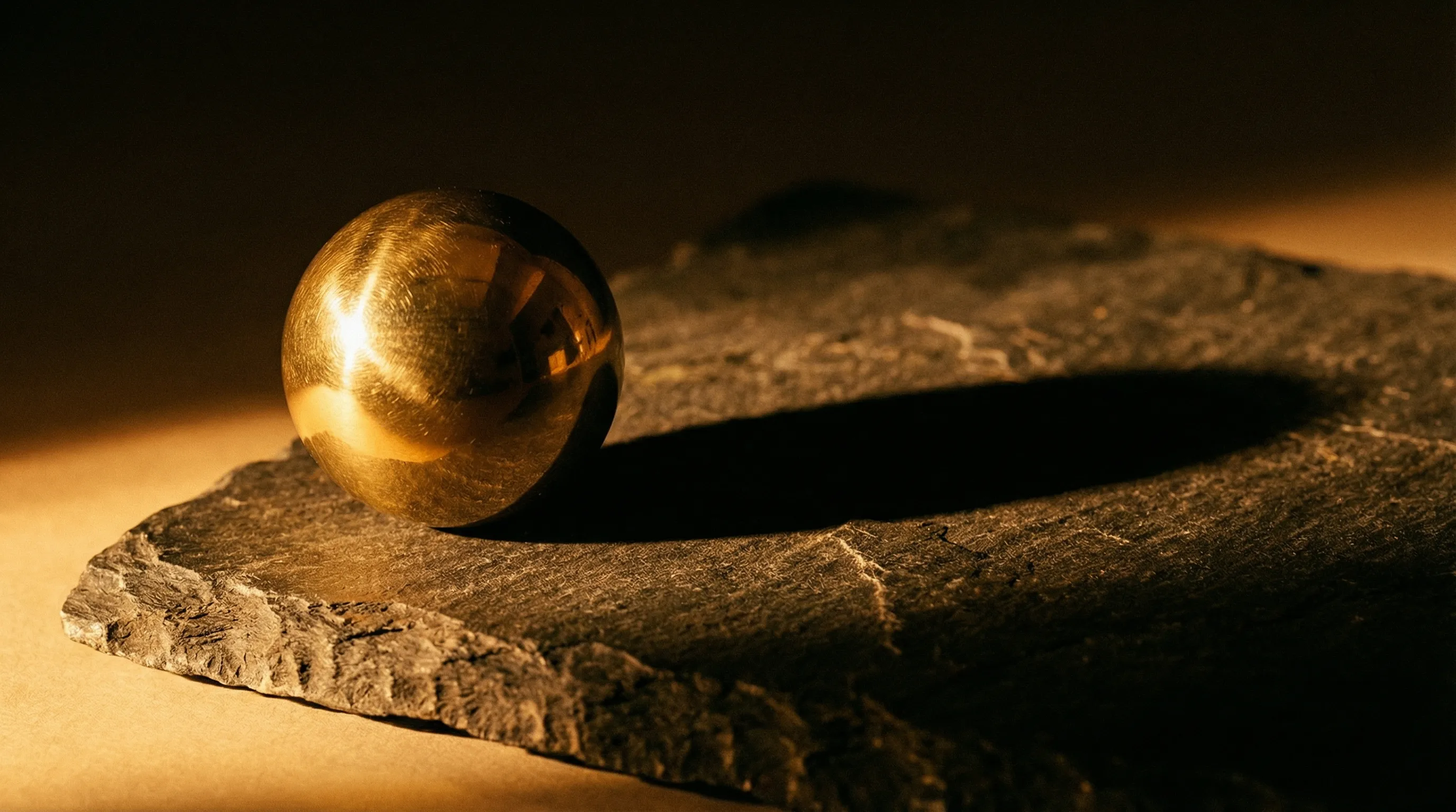 A polished brass sphere on dark rough-hewn slate, warm amber side-lighting casting a long defined shadow across the textured stone surface