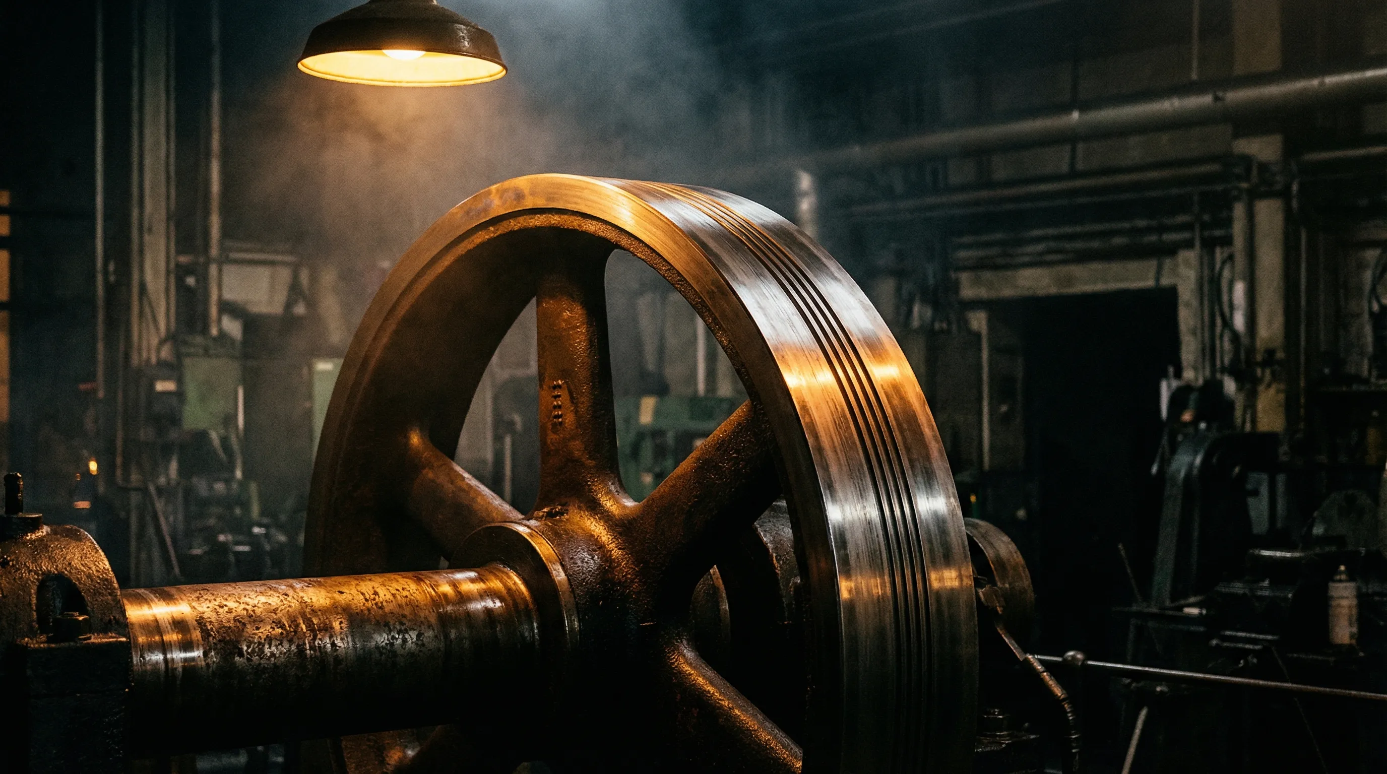 A massive cast-iron flywheel on a heavy axle in a dark industrial workshop, its machined rim catching warm amber light from a single overhead lamp, atmospheric haze in the air